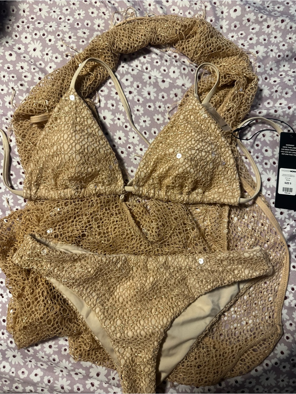Fashion Nova Mocha Sequin Crochet Bikini & Dress Set